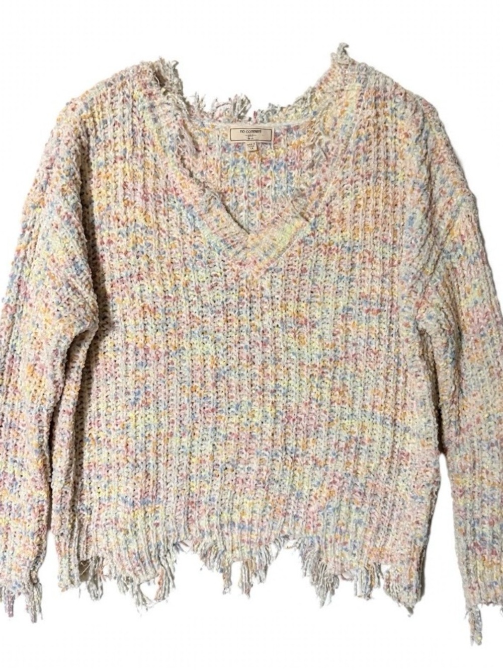 No Comment Plus 1X Cream Confetti Chenille Distressed V-Neck Sweater Y2K Cozy